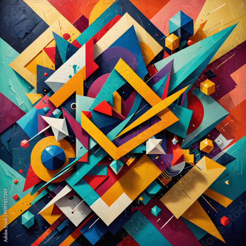 a close up of a colorful abstract painting with geometric shapes

 photo