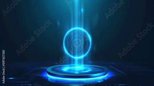 A futuristic digital interface with glowing blue lights and abstract patterns.
