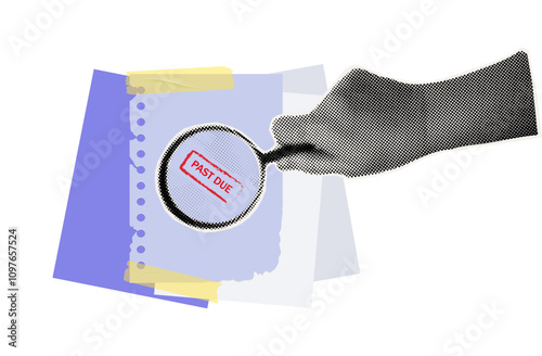 Bill unpaid. Past due, unpaid document. A woman's hand holds a magnifying glass and a paper page with debt. Overdue tax, financial report with red stamp. Notice to pay, repay the debt. Vector collage.