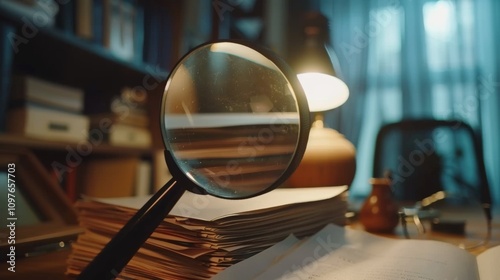 Magnifying glass revealing hidden financial irregularities in a stack of documents, emphasizing secrecy and deception in a dimly lit office setting.