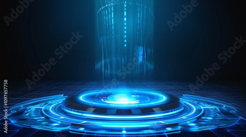 A futuristic digital interface with glowing blue lights and abstract patterns.