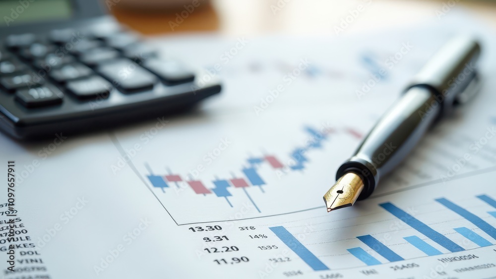 Newspaper with pen for investment research. Fountain pens rest on financial graphs, showing bar and line charts. A calculator is slightly blurred in the background. Newspaper with pen for investment research. Fountain pens rest on financial graphs, showing bar and line charts. A calculator is slightly blurred in the background.