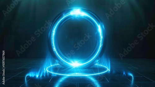 A futuristic digital interface with glowing blue lights and abstract patterns.