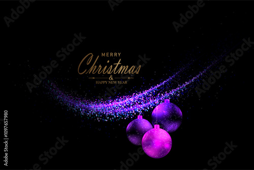 Merry Christmas. 2025. Isolated purple arc with a garland of festive toys with tinsel.