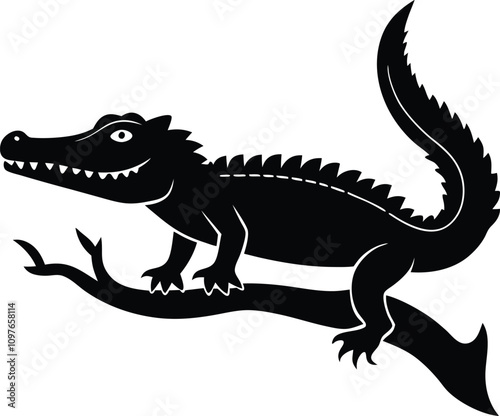 Black Silhouette Alligator on Branch Vector Illustration | Reptile Graphic Design | Wildlife Art | Animal Clipart | Crocodile Image