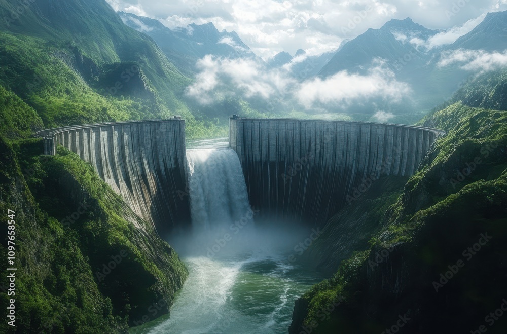 Majestic Hydro Dam Surrounded by Lush Green Mountains and Vibrant Waterfall Cascading into Serene Lake Under a Cloudy Sky Majestic Hydro Dam Surrounded by Lush Green Mountains and Vibrant Waterfall Cascading into Serene Lake Under a Cloudy Sky