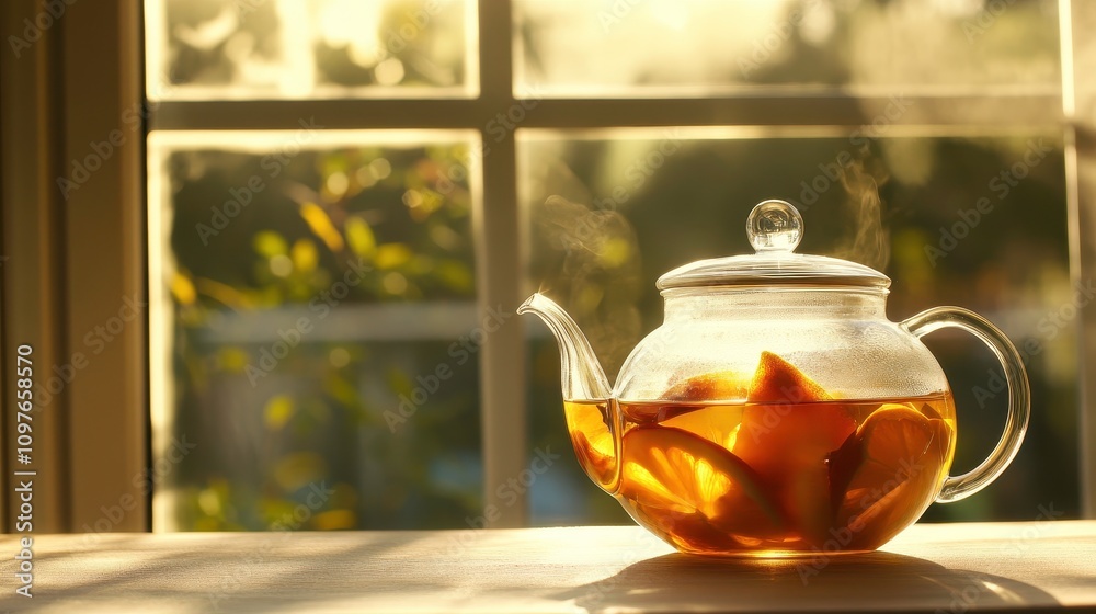 Warm Teapot with Orange Slices in Sunlit Window Warm Teapot with Orange Slices in Sunlit Window