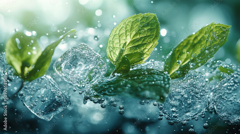 Sparkling water in a glass with ice cubes and fresh mint, conveying freshness, refreshment, and vitality in a cool, soothing setting