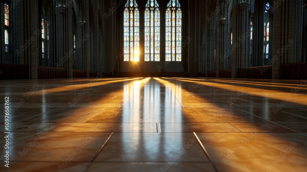 Fototapeta premium Golden sunlight streams through majestic Gothic windows, casting ethereal patterns on the cathedral’s serene and polished stone floor.