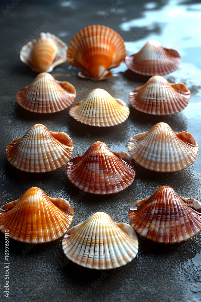 Seashells arranged in a row on a dark surface.