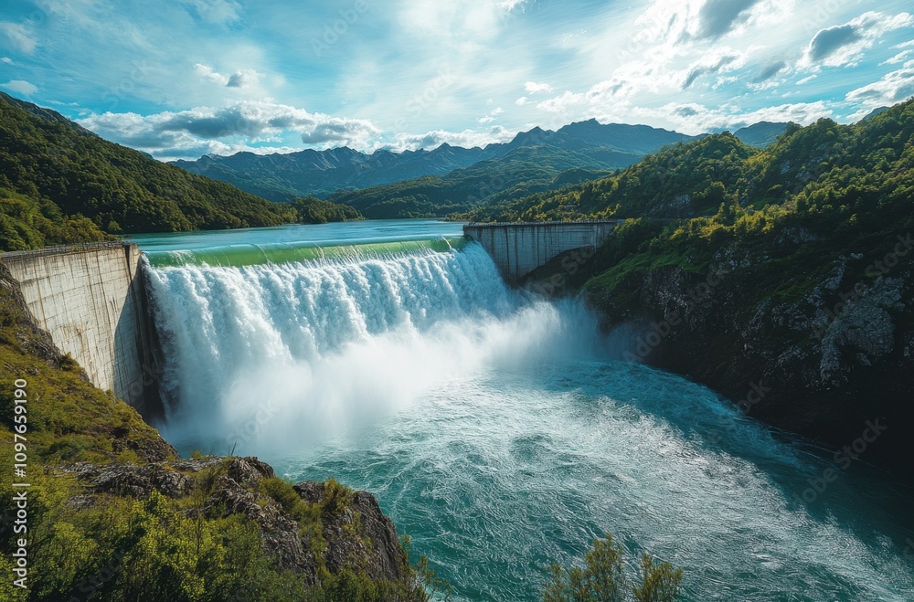 Majestic Waterfall Cascading Over a Concrete Dam Surrounded by Lush Green Hills and Blue Sky under Fluffy White Clouds in a Scenic Landscape Majestic Waterfall Cascading Over a Concrete Dam Surrounded by Lush Green Hills and Blue Sky under Fluffy White Clouds in a Scenic Landscape
