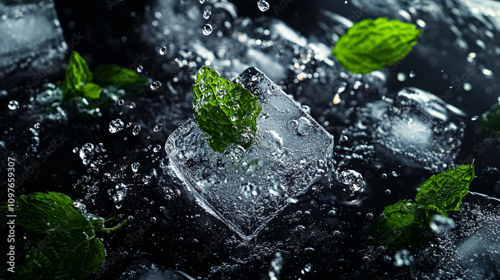 Sparkling water in a glass with ice cubes and fresh mint, conveying freshness, refreshment, and vitality in a cool, soothing setting Sparkling water in a glass with ice cubes and fresh mint, conveying freshness, refreshment, and vitality in a cool, soothing setting
