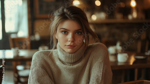 Russian model in simple high-neck sweater, sitting in cozy, rustic café - Warm and inviting, soft indoor light