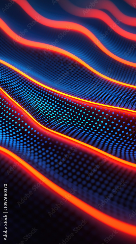 Fototapeta premium Abstract digital waves with vibrant blue and red lines, creating a dynamic, energetic visual effect, resembling flowing light patterns.
