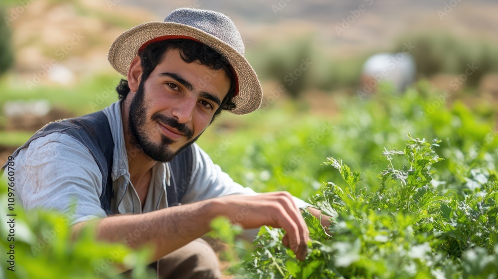 Middle Eastern young farmers preserving traditions while innovating in fertile lands near Amman, Jordan Middle Eastern young farmers preserving traditions while innovating in fertile lands near Amman, Jordan