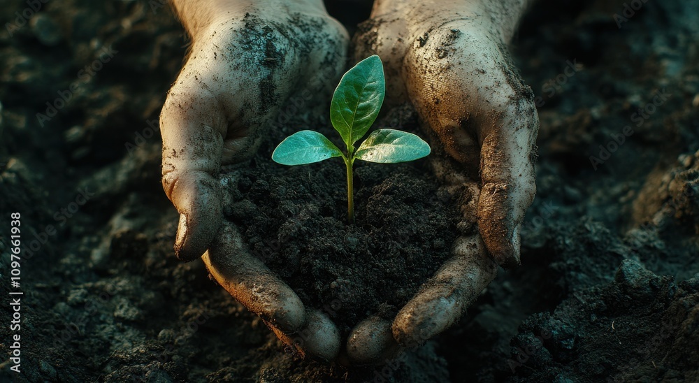 Obraz premium Nurturing New Life: Hands Cradling a Growing Plant in Rich Soil, Symbolizing Nature, Growth, and Environmental Care in a Sustainable World