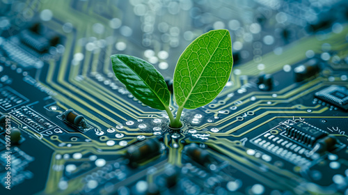 The green sprout growing from the electronic motherboard symbolizes clean energy and sustainable technologies in the field of artificial intelligence AI.