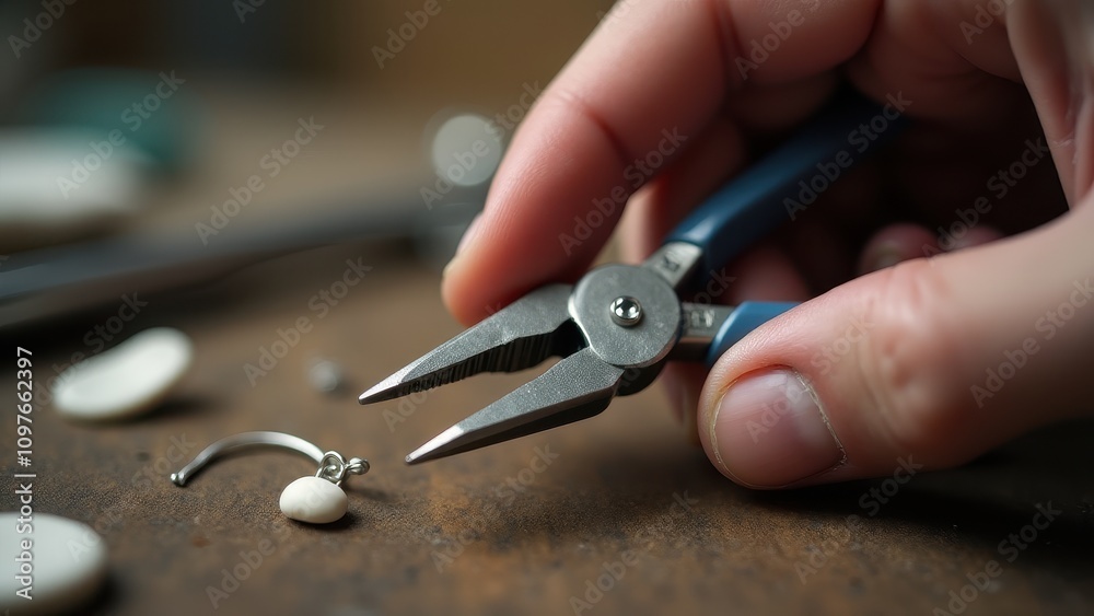 Fototapeta premium Pliers for jewelry making. Close-up of a hand using pliers to craft a delicate earring on a wooden table, focusing on the intricate details.
