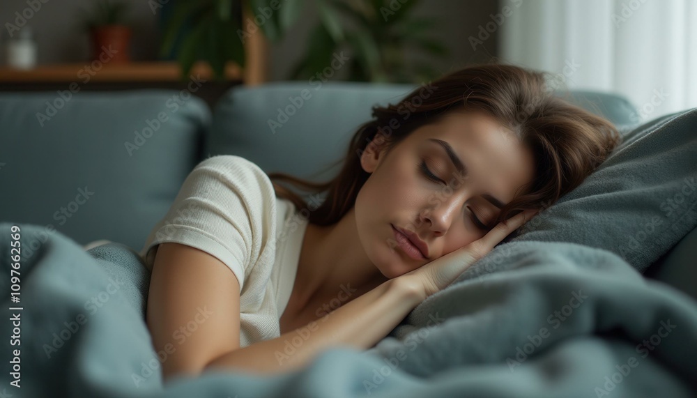 Peaceful Sleep, Serene Woman Resting on Cozy Sofa, Concept of Relaxation and Tranquility Peaceful Sleep, Serene Woman Resting on Cozy Sofa, Concept of Relaxation and Tranquility
