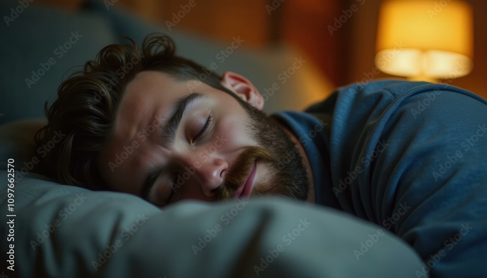 Peaceful Sleep at Night, a concept of serenity and relaxation, man sleeping soundly in bed Peaceful Sleep at Night, a concept of serenity and relaxation, man sleeping soundly in bed