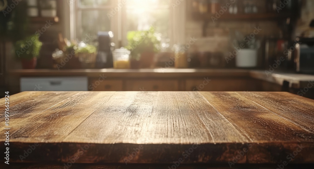Rustic Wooden Table Surface with Natural Light Flooding Through Kitchen Window, Cozy Home Atmosphere with Fresh Ingredients and Herbs in Background Rustic Wooden Table Surface with Natural Light Flooding Through Kitchen Window, Cozy Home Atmosphere with Fresh Ingredients and Herbs in Background
