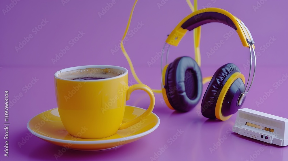 Coffee in a yellow glass headphones and a cassette on a purple background the concept of a stylish workplace Coffee in a yellow glass headphones and a cassette on a purple background the concept of a stylish workplace
