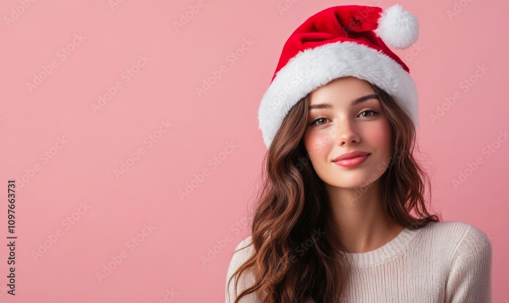Young woman in Christmas hat on pink background, holiday concept Young woman in Christmas hat on pink background, holiday concept