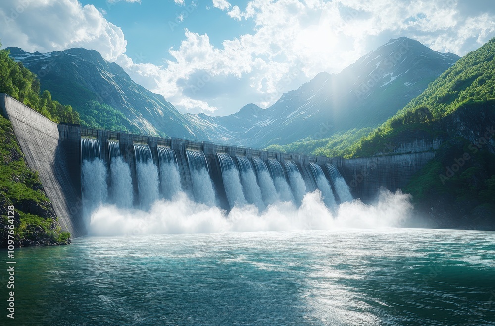 Serene Waterfall Splendor: A Majestic Dam Flowing with Crystal Clear Water Against a Backdrop of Lush Green Mountains and a Bright Blue Sky Serene Waterfall Splendor: A Majestic Dam Flowing with Crystal Clear Water Against a Backdrop of Lush Green Mountains and a Bright Blue Sky