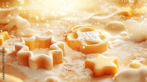 Abstract Christmas food background with cookies molds and flour photo