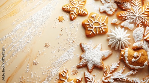 Abstract Christmas food background with cookies molds and flour photo