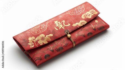 Red packet with gold Chinese characters, isolate on white background, symbolizing New Year blessings, photo