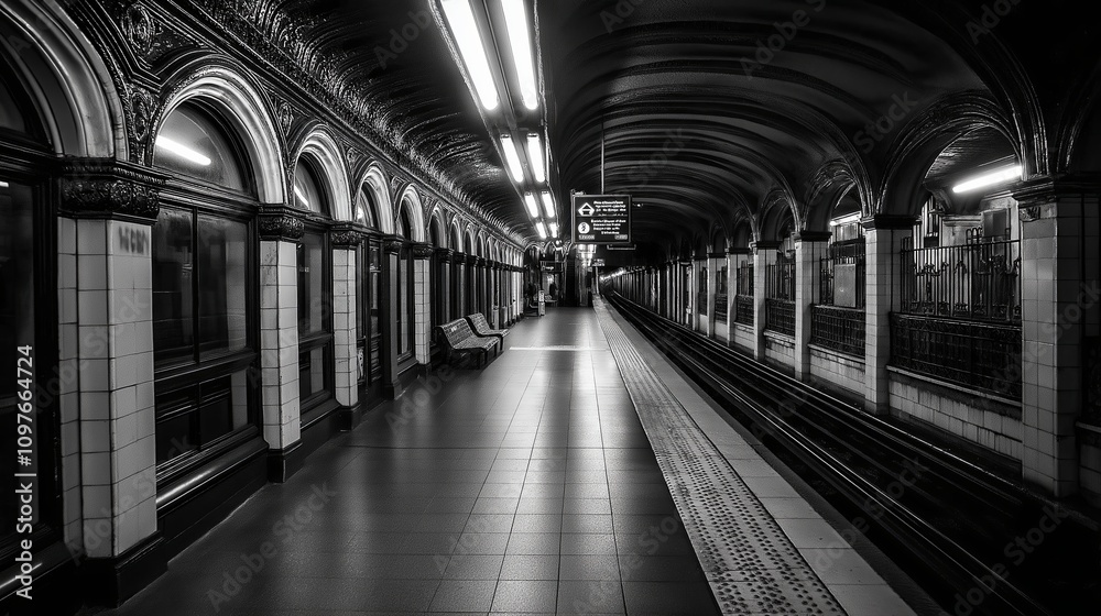 Empty subway station in monochrome with a single glowing light Empty subway station in monochrome with a single glowing light