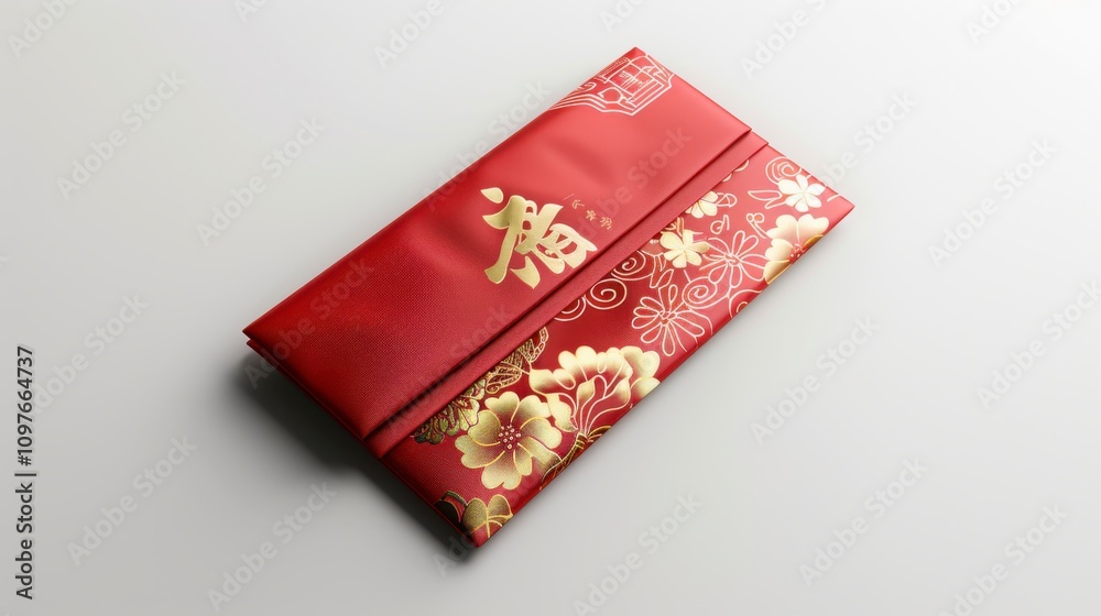 Red packet with gold Chinese characters, isolate on white background, symbolizing New Year blessings,