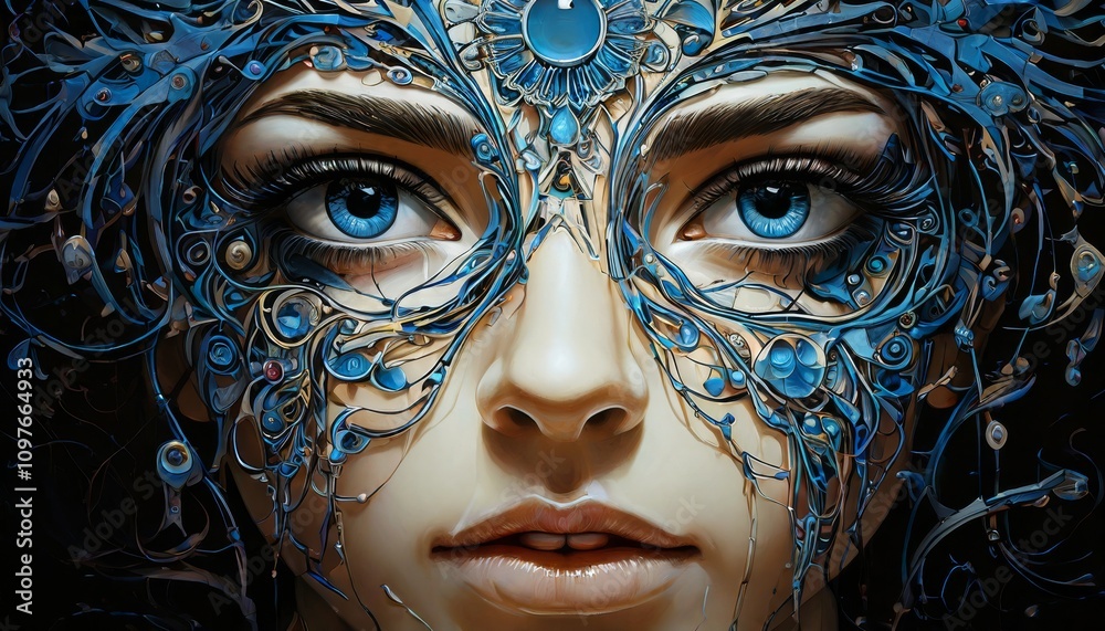 A captivating digital portrait of a woman adorned with a complex, blue mechanical mask. Her intense blue eyes are framed by delicate, metallic tendrils, creating a blend of beauty and technology.. AI A captivating digital portrait of a woman adorned with a complex, blue mechanical mask. Her intense blue eyes are framed by delicate, metallic tendrils, creating a blend of beauty and technology.. AI