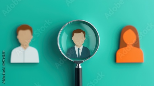 Businessperson Silhouette under Magnifying Glass with Abstract Background Representing Analysis, Selection, and Professional Identity in Recruitment Context