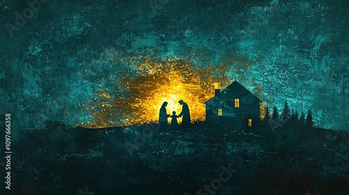 A peaceful silhouetted nativity scene depicting Mary Joseph and baby Jesus under a glowing star framed by a rustic countryside landscape with a cottage trees and warm teal and gold tones photo