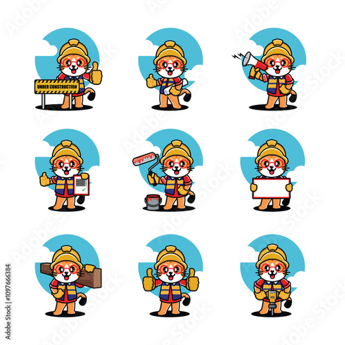 Set of cat cartoon construction worker with a helmet