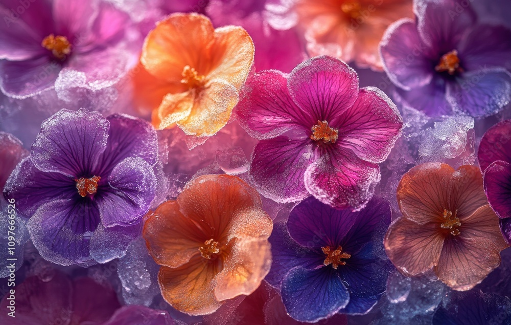 Vibrant and Colorful Close-Up of Beautiful Flowers with Dew Drops, Showcasing Various Shades of Purple, Orange, and Pink in a Dreamy, Ethereal Background Vibrant and Colorful Close-Up of Beautiful Flowers with Dew Drops, Showcasing Various Shades of Purple, Orange, and Pink in a Dreamy, Ethereal Background