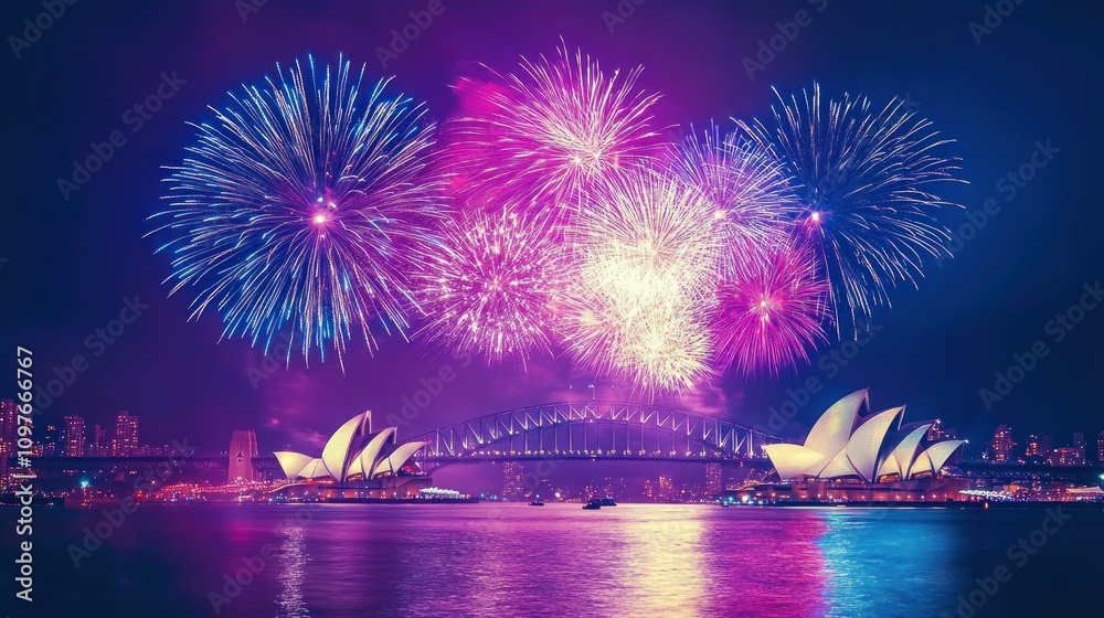 Fototapeta premium Vivid Fireworks Display Over Sydney Harbour Bridge and Opera House