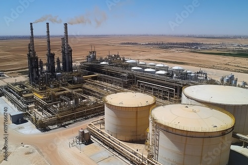 An oil and gas refinery plant with storage tank.