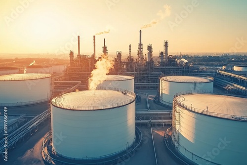 An oil and gas refinery plant with storage tank.
