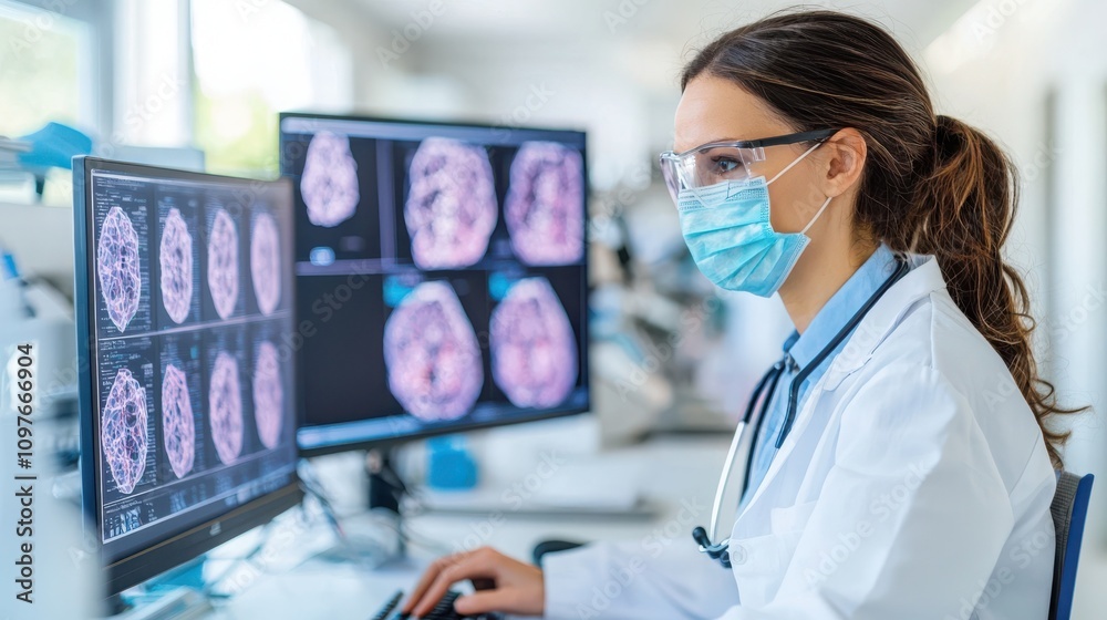 Scientist analyzing data in high-tech lab medical research environment Scientist analyzing data in high-tech lab medical research environment