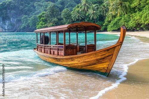 A wooden sampan by a tropical beach.