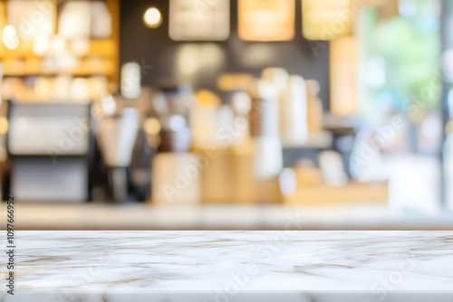 Blurred Coffee Shop Background with Empty Marble Table for Product Display