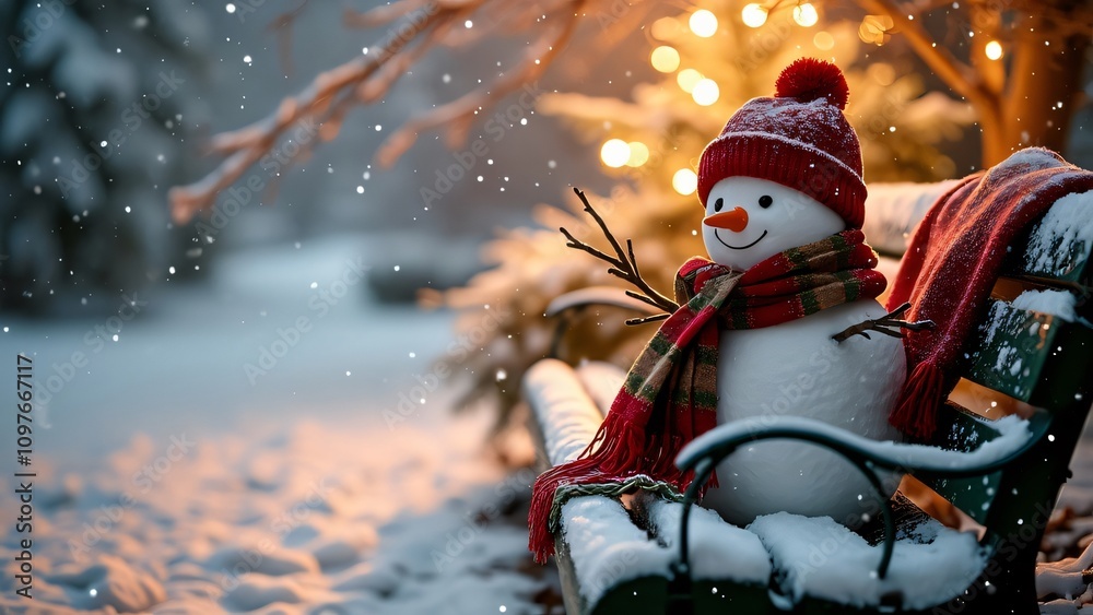 Obraz premium Adorable Snowman on Snowy Bench, Christmas Eve