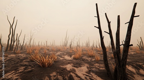 A once lush forest turning into a desertified, arid landscape with little plant life compared to its previous green, thriving state. photo