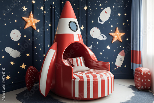 Creative bedroom with a space theme, including a rocket-shaped bed, starry wall decals, and bright, engaging decor. Ideal for young astronautsa?? dreams photo