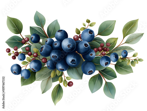 Vibrant blueberries on lush green leaves nature scene digital illustration botanical artwork freshness concept photo