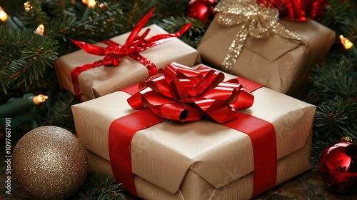 Beautifully wrapped holiday gift boxes sitting under a lush Christmas tree adorned with festive red green and gold ornaments