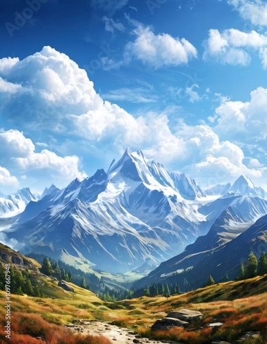 A breathtaking view of snow-capped mountains stretches into the distance, framed by a clear blue sky and fluffy clouds. The foreground features a lush valley, adding to the grandeur of the natural